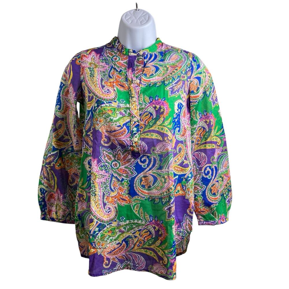 Ralph Lauren Girls Green Purple Paisley Popover Shirt Size 10 Preppy Old Money